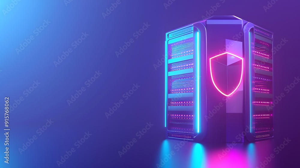 Poster data server with neon lights and shield icon symbolizes cybersecurity and data protection in a moder