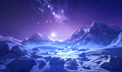Winter landscape with mountains and snow. Norther Shine in the sky. Winter illustration for background in flat stylized style. 	