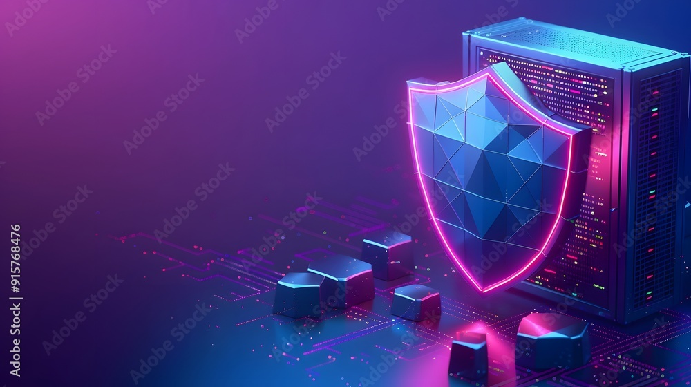 Poster digital cybersecurity concept with a glowing shield and server. symbolizing protection, data safety,
