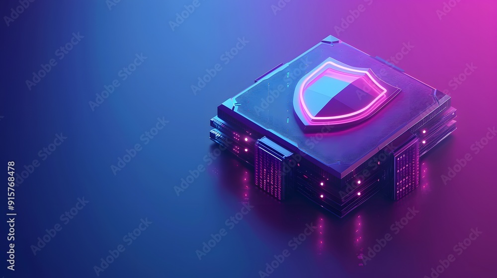 Poster digital cybersecurity concept with a glowing shield on a computer chip, modern technology protecting