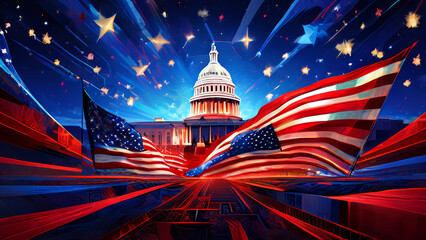 Dramatic Abstract Oil Painting Depicting US Elections Stars and Stripes Flag Running into US Capitol Building