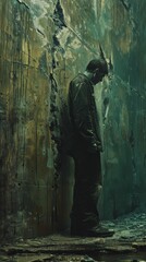 A man stands in front of a wall with graffiti on it. The man is wearing a white shirt and a black hat. The wall is covered in graffiti and he is old and worn. Scene is somewhat somber