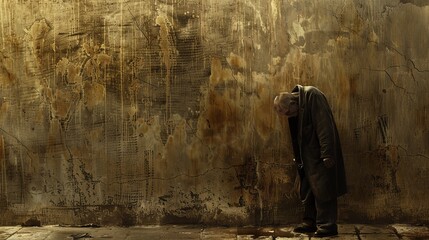 A man stands in front of a wall with graffiti on it. The man is wearing a white shirt and a black hat. The wall is covered in graffiti and he is old and worn. Scene is somewhat somber