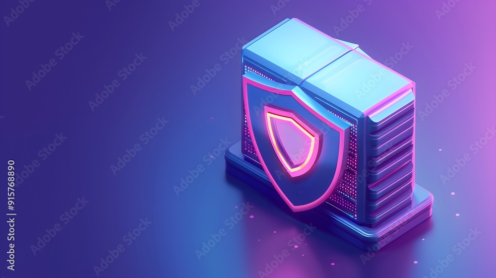 Poster digital illustration of a secure data server with a glowing shield, symbolizing cybersecurity and da