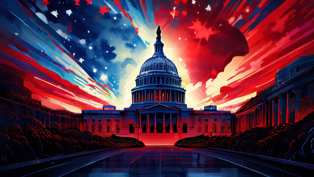 Dramatic Abstract Oil Painting Depicting US Elections US Capitol Building in Red and Blue with Bright Red and Blue Cloud Covering