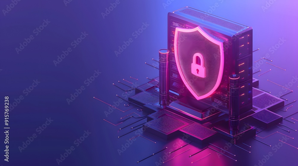 Poster digital security concept with a 3d shield and lock on server background, representing cybersecurity 