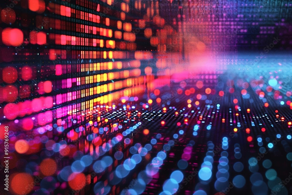 Poster abstract digital dots creating immersive 3d effect.