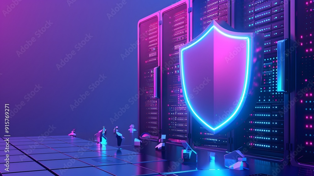 Poster Digital security concept with a glowing neon shield protecting network servers in a data center, representing cybersecurity and data protection.