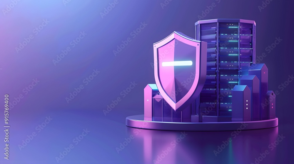 Poster digital security concept with a glowing shield protecting server racks. modern technology protection