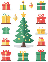 Collection of vector Christmas icons perfect for festive projects. Includes symbols like trees, stars, and snowflakes with a modern style and vibrant colors. Ideal for cards, marketing, and digital 