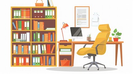 Modern Office Workspace with Desk, Chair, and Bookshelf