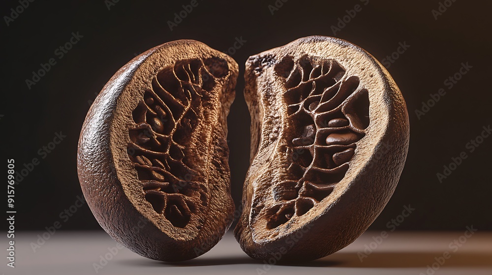 Poster a dried, split open fruit with intricate internal structure