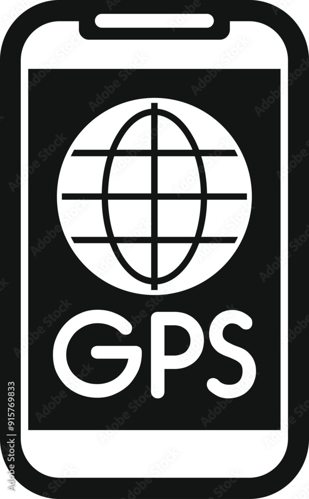 Poster black and white icon of a smartphone showing gps navigation system with world grid