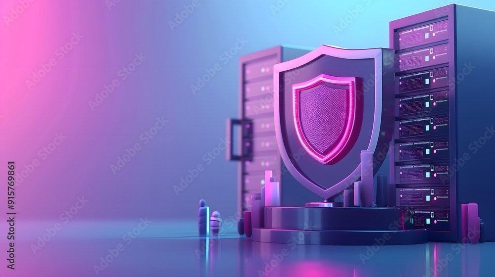 Poster digital security concept with shield and server room. data protection, cyber safety, and secure onli
