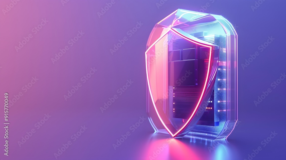 Poster digital security shield concept with neon lights, symbolizing cyber protection, data encryption, and
