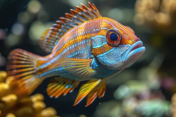 Fototapeta premium A close-up view of a brightly colored fish swimming in a tank, with its fins spread wide
