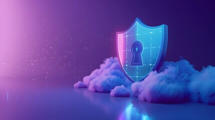 Digital security shield with keyhole on cloud background, representing cyber protection in a futuristic tech environment.