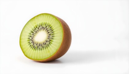 close up of a vibrant green kiwi fruit, isolated, white background