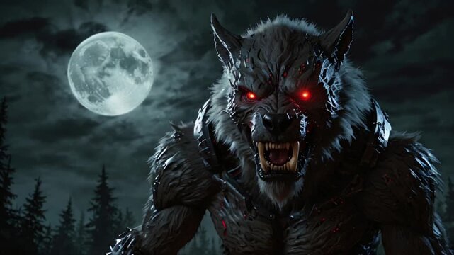  A terrifying werewolf with glowing cybernetic enhancements, mechanical claws and glowing red eyes under a full moon.
