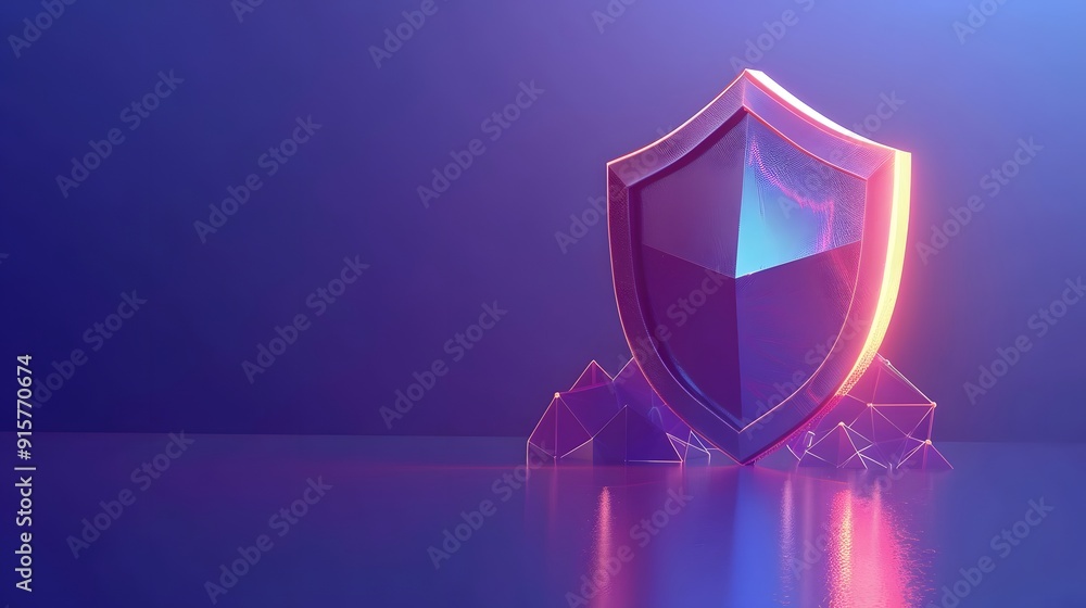 Poster digital shield icon glowing on dark background, representing cybersecurity and data protection. mode