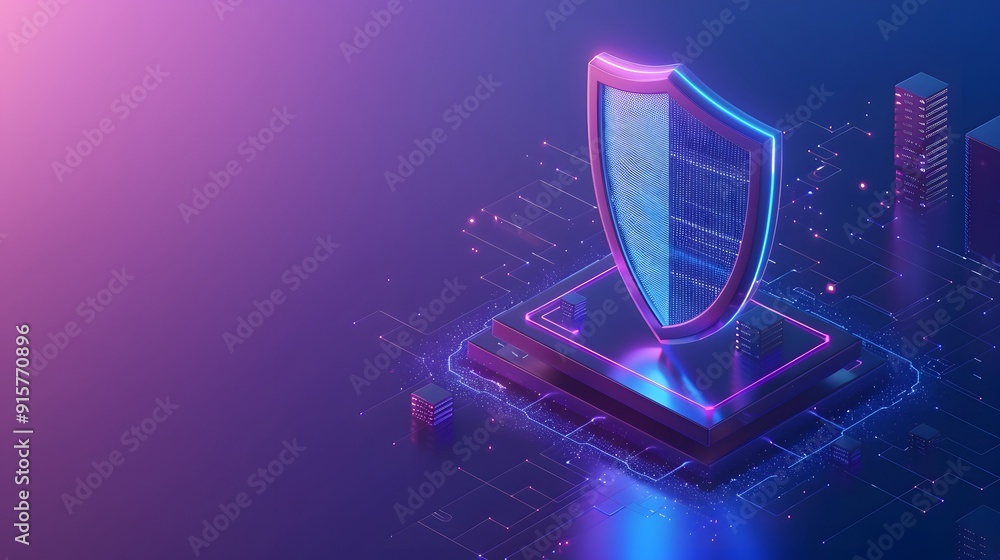 Poster digital shield on neon platform symbolizing cybersecurity, data protection, and information security