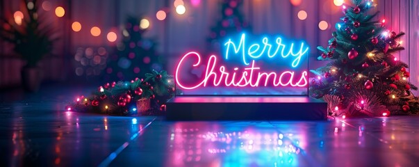 Festive Merry Christmas neon sign with decorated trees and fairy lights