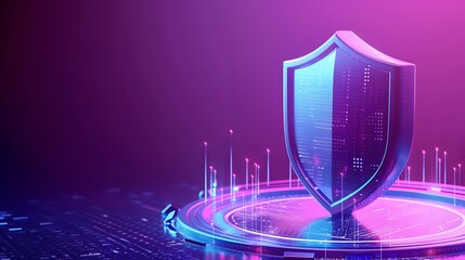 Digital shield on a futuristic platform representing cybersecurity, data protection, and modern technology. High-tech concept with purple neon light.