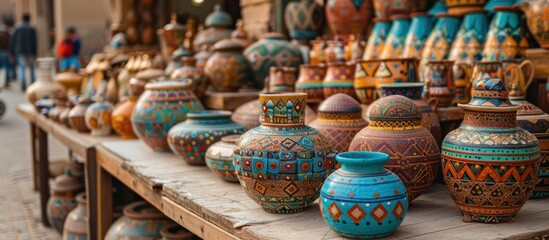 Fototapeta premium Vibrant Pottery Display at a Moroccan Market