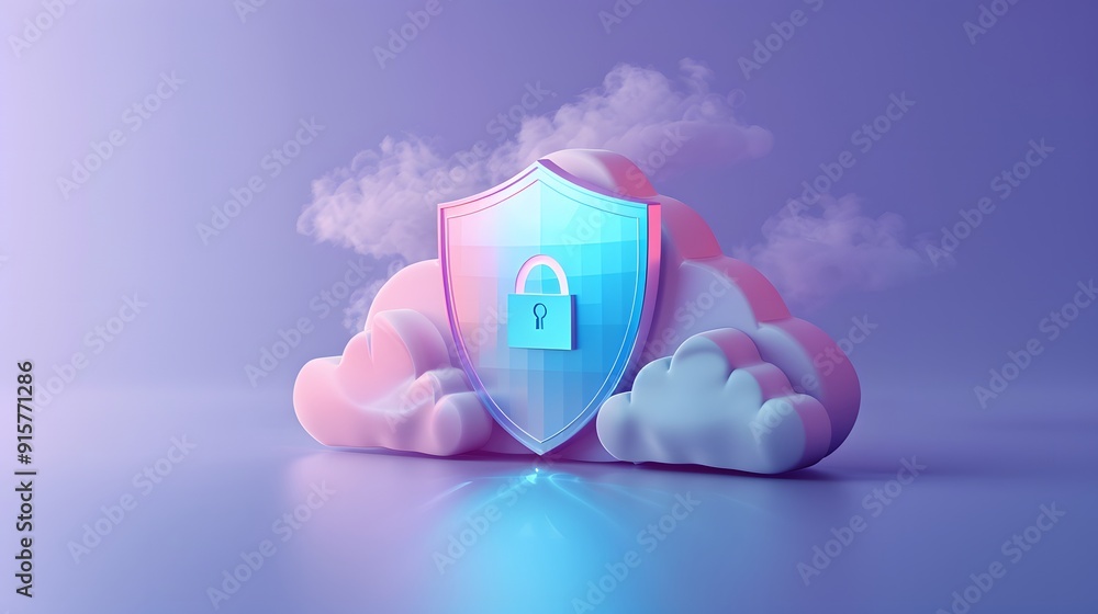 Poster digital shield with a padlock symbolizing cloud data security and online protection, surrounded by c