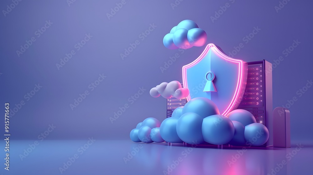 Poster futuristic concept of cloud computing security represented by a digital shield, cloud formations, an