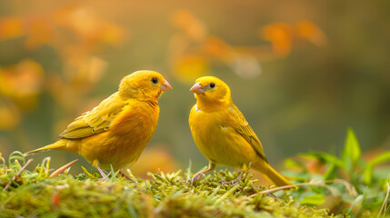 Beautiful yellow birds  sitting on grass ,beautiful bright yellow colorful parrots in nature background