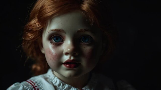 Vintage doll with a sinister smile and tattered dress.

