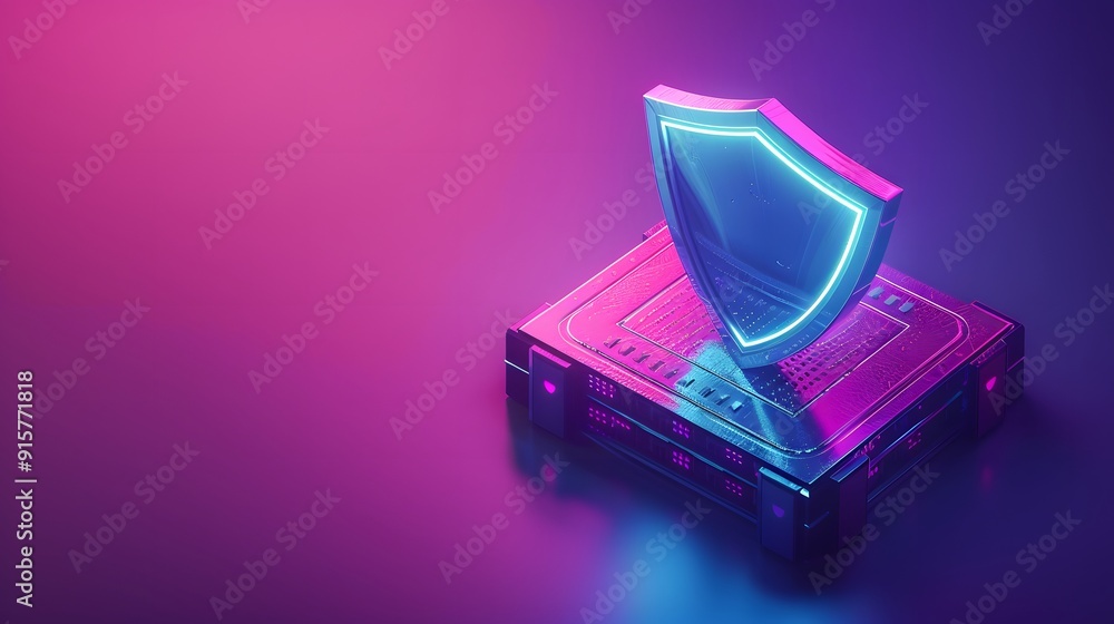Poster futuristic cyber security concept with a glowing shield displayed on a circuit board, highlighting a