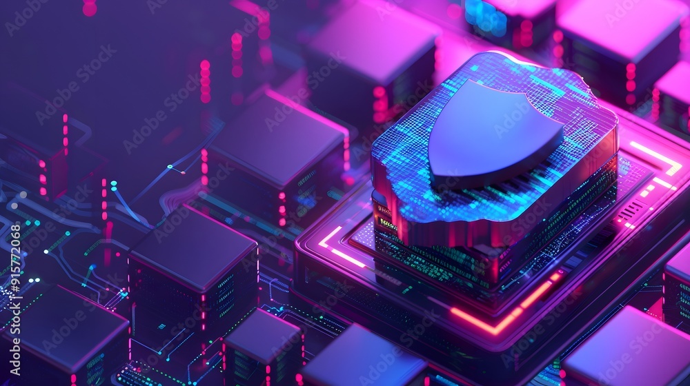 Aufkleber futuristic cyber security concept with shield icon on glowing circuit board, representing technology