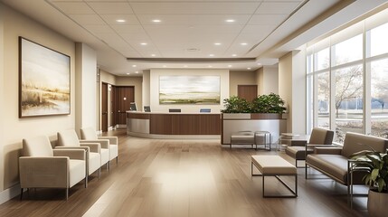 Fototapeta premium Modern Reception Area with Wooden Flooring and Comfortable Seating