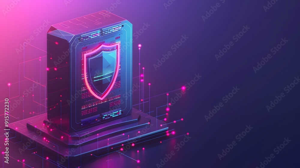 Poster futuristic cybersecurity concept featuring a server with a glowing shield icon, symbolizing data pro