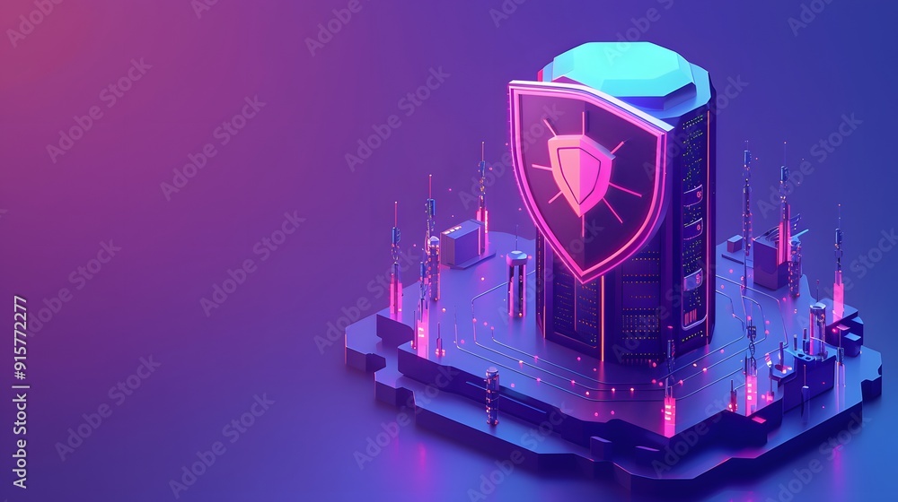 Poster futuristic cybersecurity concept. secure server with glowing shield icon in a digital landscape. mod