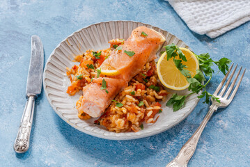Baked salmon with chorizo rice