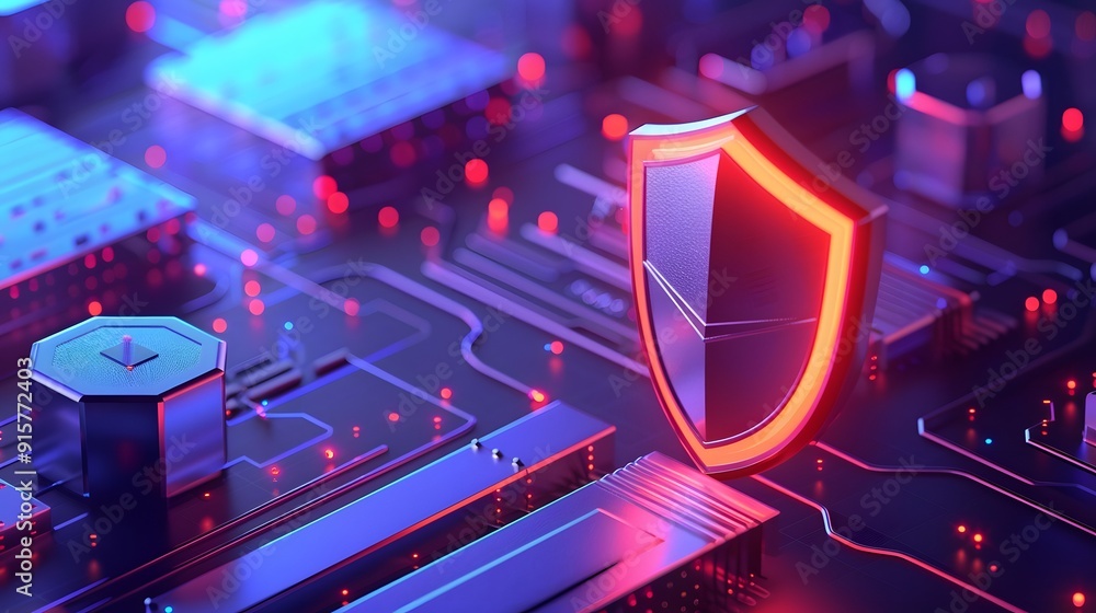 Poster futuristic cybersecurity concept with a glowing shield on a circuit board, symbolizing data protecti