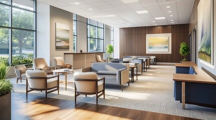 Modern Office Lobby with Seating, Wooden Walls, and Art