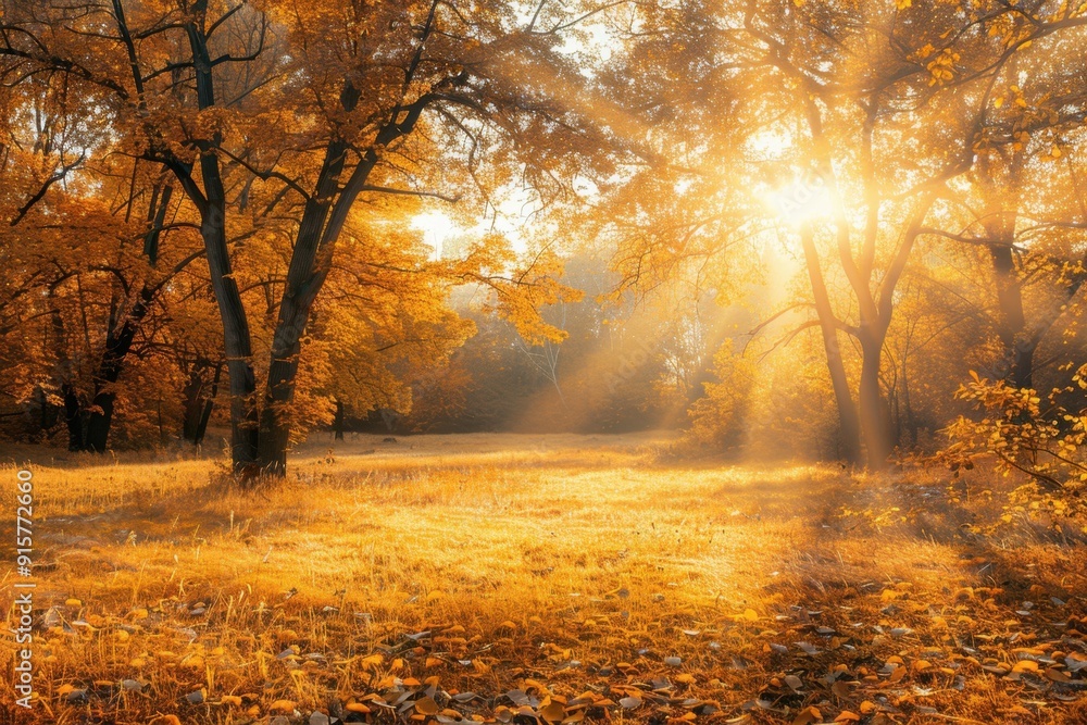 Poster sun rays shining through trees in autumn, grassy field with golden light, white background, panorami