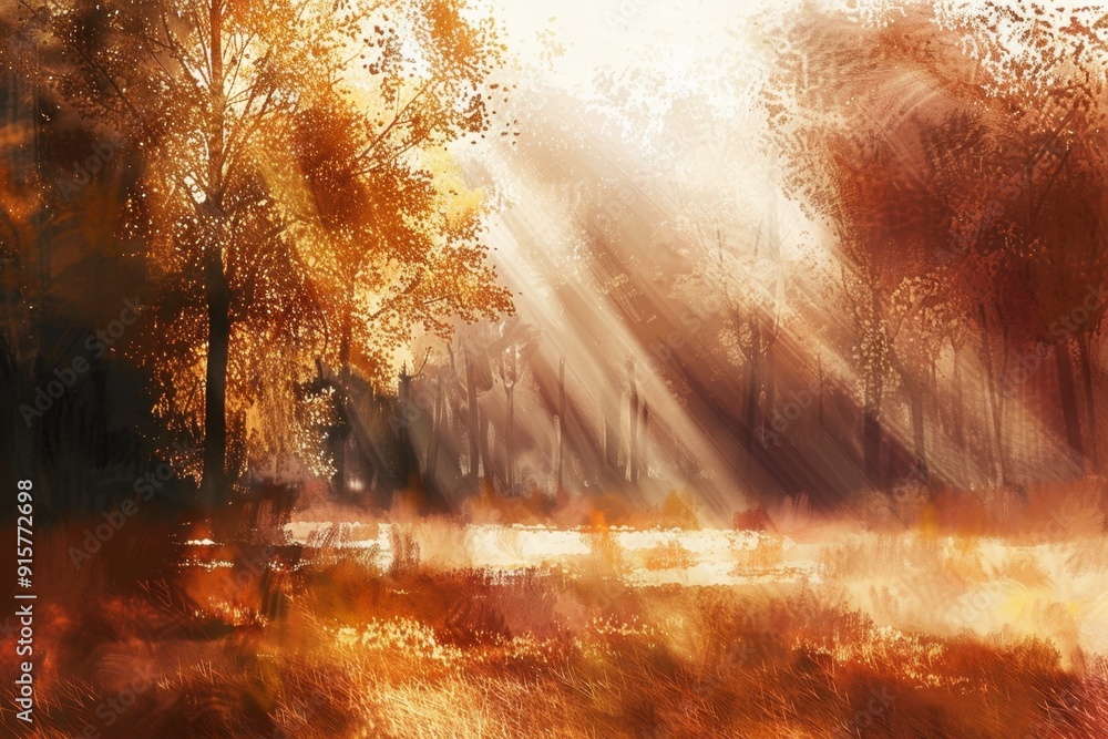 Poster sun rays shining through trees in autumn, casting golden light on the grassy field the scene depicts