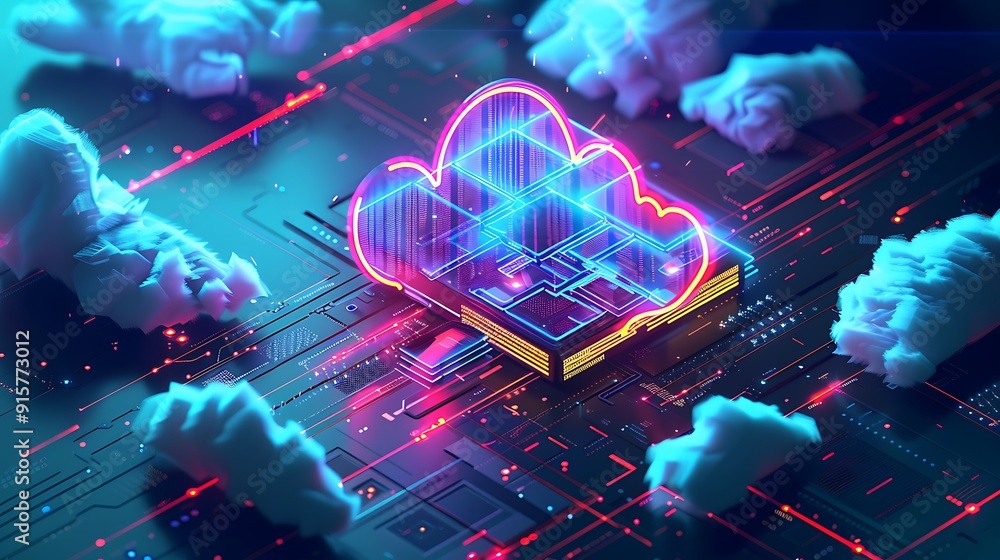 Aufkleber isometric cloud storage for downloading, representing a digital service or application facilitating 
