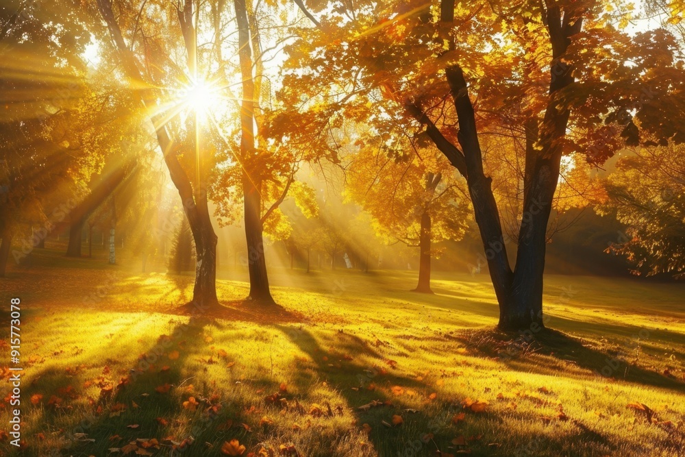 Poster a beautiful autumn landscape with trees and sunlight, casting long shadows on the grassy field the s