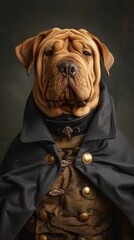 Obraz premium A dog is wearing a coat and standing in front of a wall