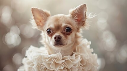 Obraz na płótnie Canvas A small brown and white dog is wearing a dress and laying on a bed. The dog is looking at the camera with a curious expression