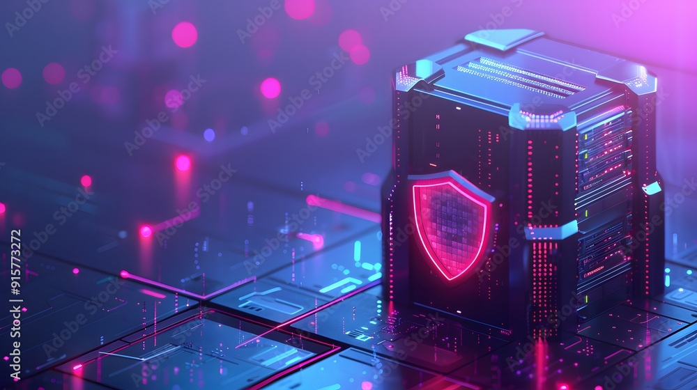 Poster futuristic cybersecurity technology concept with neon lights and shield, representing data protectio