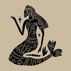 Cartoon linocut vintage ethnic mermaid princess, boho character mascot groovy whimsical flat art. Doodle stellar celestial details. Hand-drawn mystical bohemian composition. Mythology totem concept