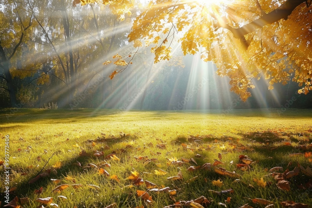 Poster sun rays shining through trees in autumn, casting golden light on the grassy field below generative 