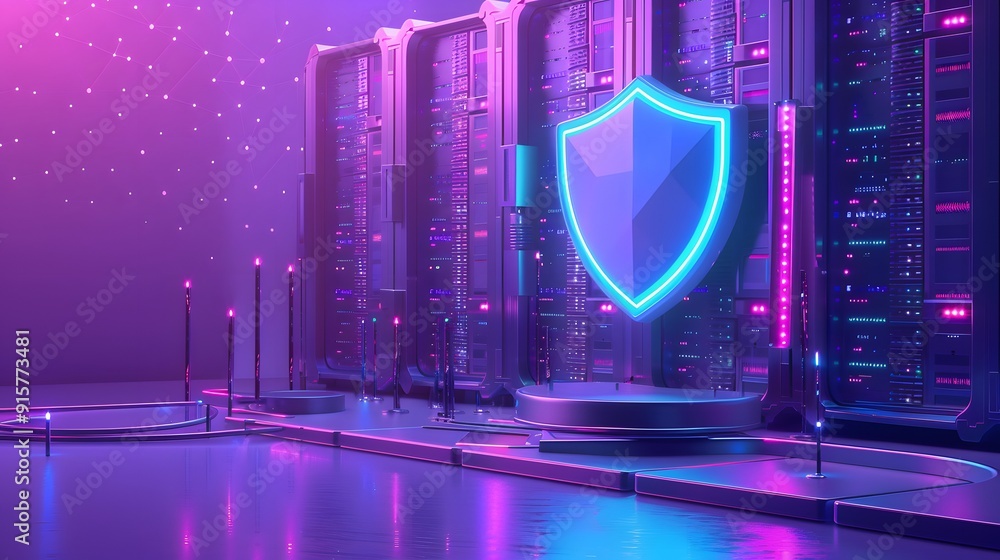 Poster futuristic data center with neon lights, featuring a large digital shield symbol representing cybers